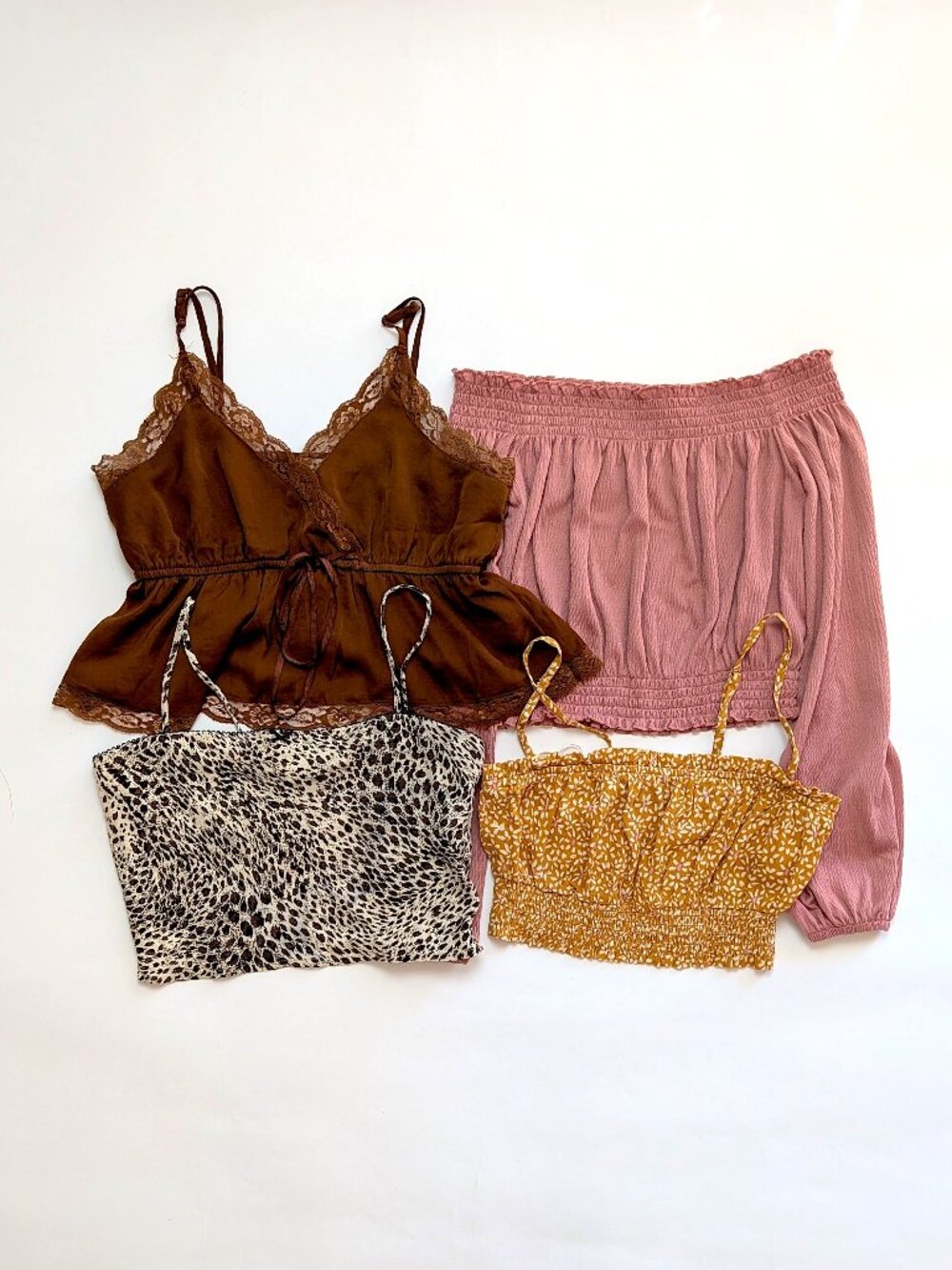 Set of 4 Boho Tops: Brown Lace Babydoll, Dusty Pink Off Shoulder & Cami Crop Top